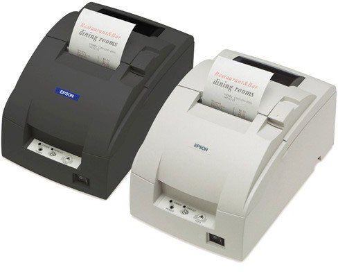Two Epson TM-U220B Dot Matrix Printers, one in black and one in white, with paper loaded and autocutters visible.