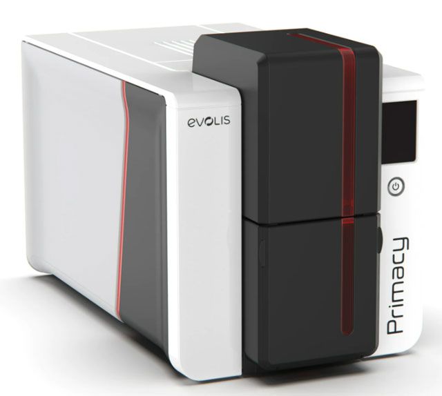 Evolis Primacy Dual Side ID Card Printer, a sleek white and black plastic card printer with red accents.