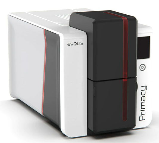Evolis Primacy Dual Side ID Card Printer, a sleek white and black plastic card printer with red accents.