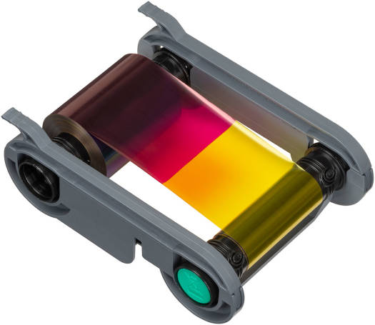 Color ribbon cartridge with red, yellow, and green bands on a white background
