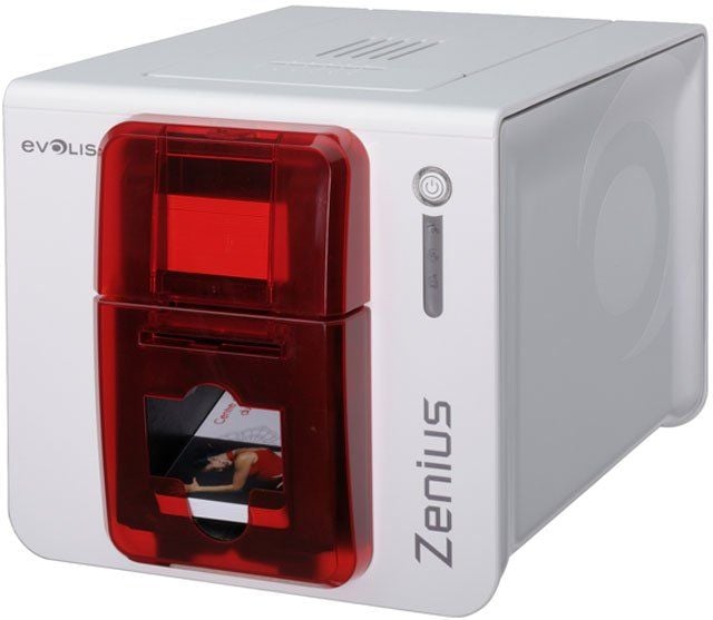 Evolis Zenius (ZN1U0000RS) ID Card Printer, a desktop dye sublimation/thermal transfer printer with a red and white color scheme, capable of printing on card media.