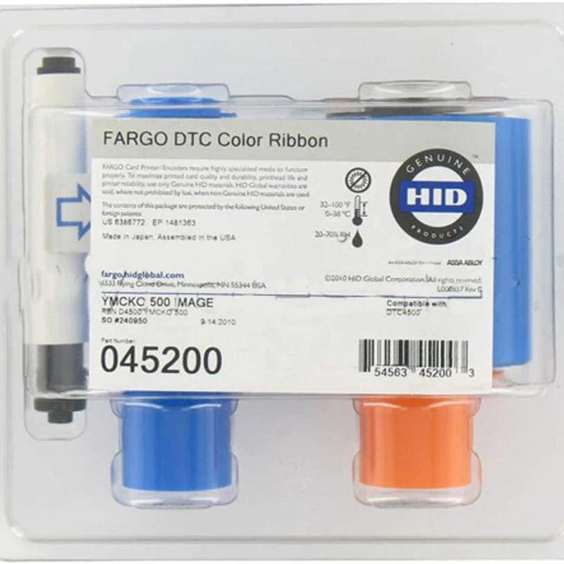 HID Genuine Fargo DTC Color Ribbon ink cartridge in its original retail blister packaging, showing blue and orange ink reservoirs with a white label.