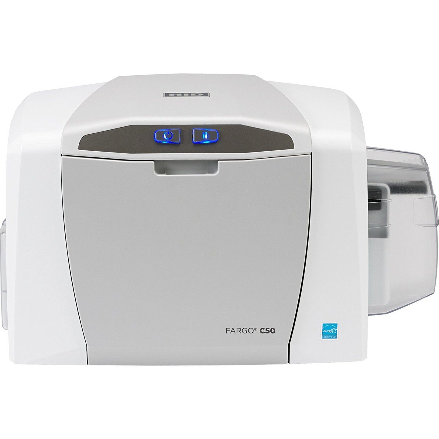 A white Fargo DTC C50 single side ID card printer with a card feeder on the side.