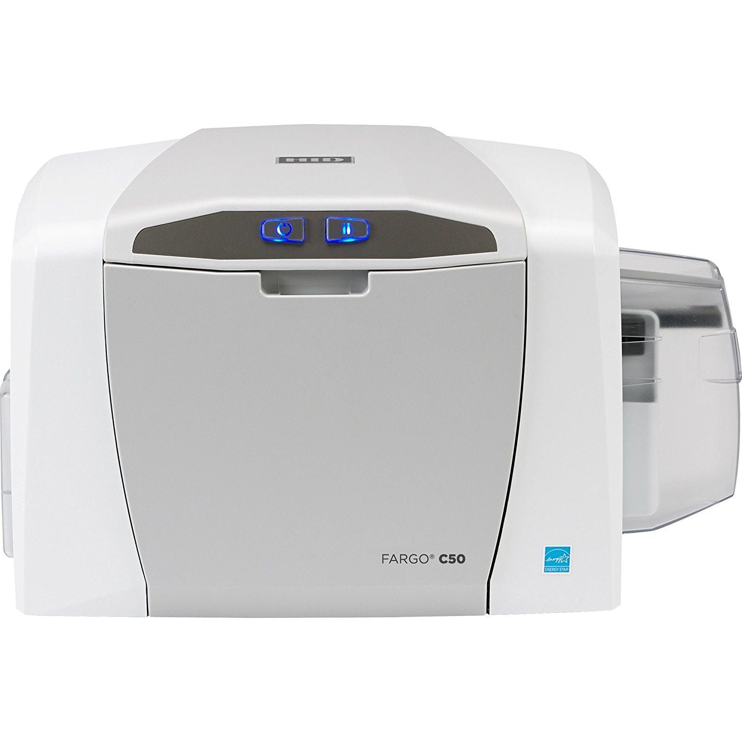 A white Fargo DTC C50 single side ID card printer with a card feeder on the side.