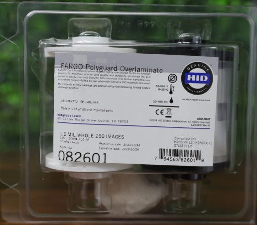 A packaged sheet of FARGO Polyguard Overlaminate glass replacement film, sealed in a clear plastic blister pack with a white product label showing specifications and a barcode.