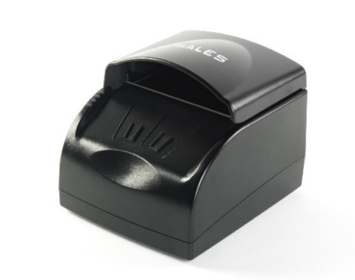 A black Gemalto AT9000 MK2 full page reader for scanning passports and ID cards.
