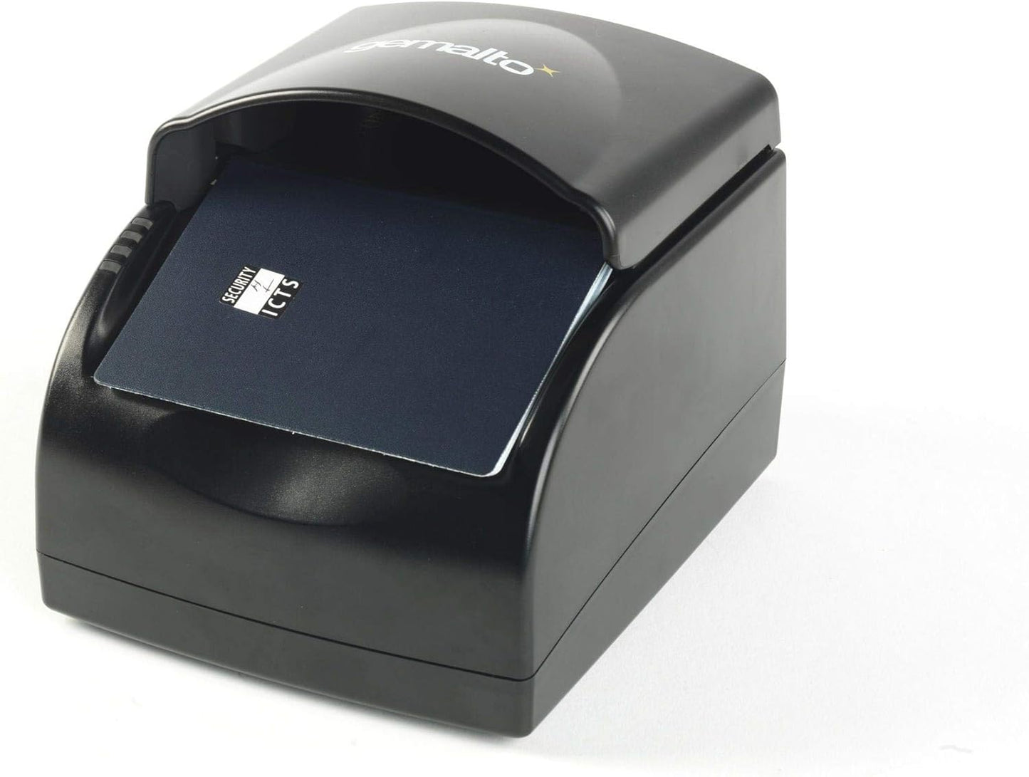 Black document scanner with a clear lid on a white background