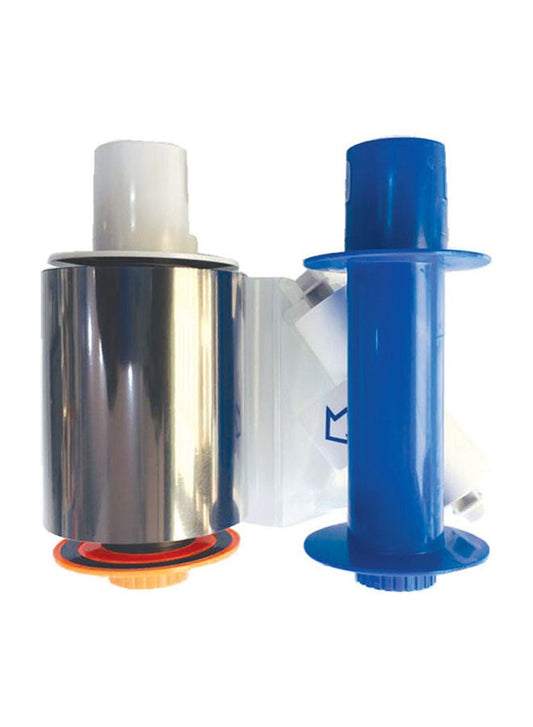Metallic and blue cylindrical objects on a white background