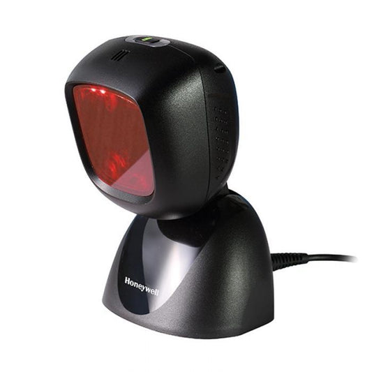 A black Honeywell Youjie 2D vertical barcode scanner with a red scanning window, connected by a cable.