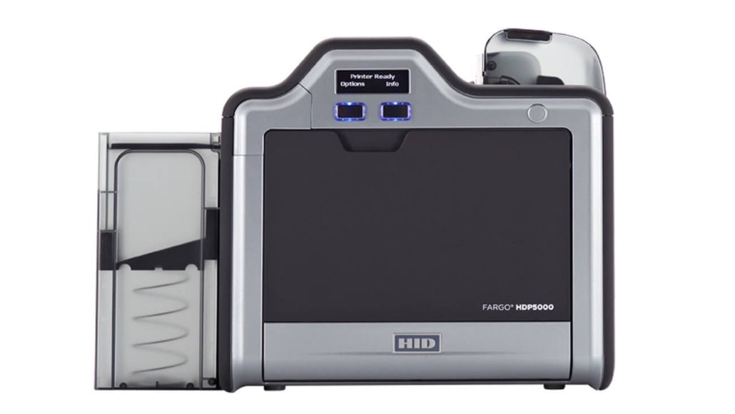 HID FARGO HDP5000 Id Card Printer, a desktop printer for printing professional ID cards with a gray body and blue details.