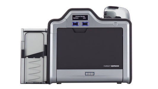 HID FARGO HDP5000 Id Card Printer, a desktop printer for printing professional ID cards with a gray body and blue details.