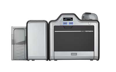 A HID Fargo HDP5600 printer, which is a card printing machine, primarily in gray and black color.