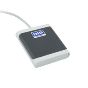 HID brand OMNIKEY 5025 CL contactless smart card reader in black color with a cable.