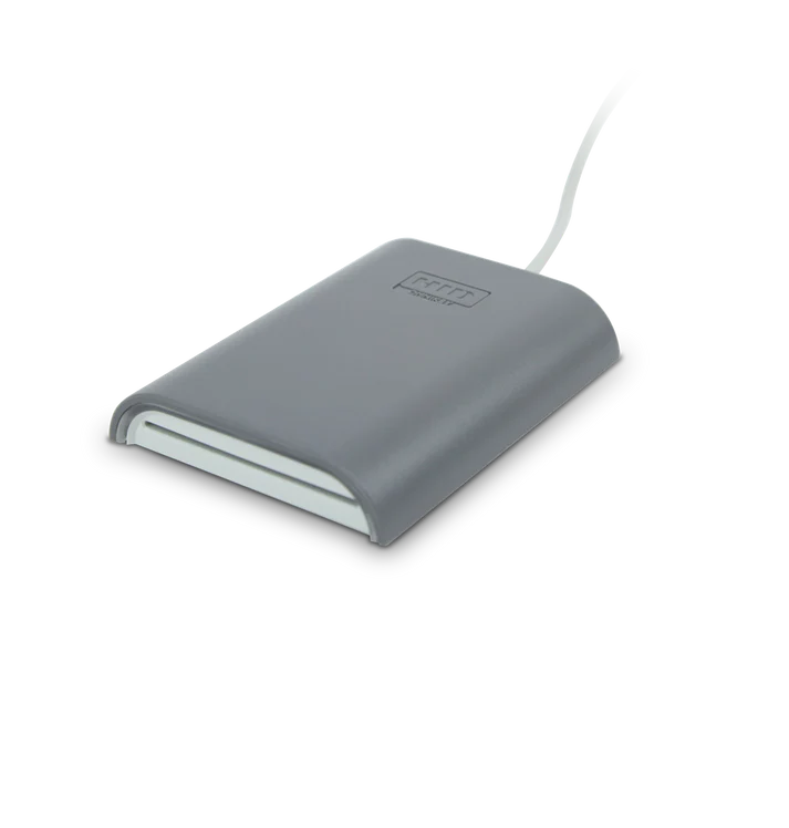 Gray external hard drive on a white background
