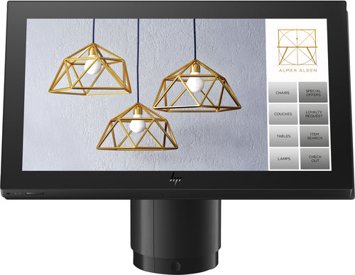An HP Engage One Pro retail POS terminal with a touchscreen display, housed in a black stand.