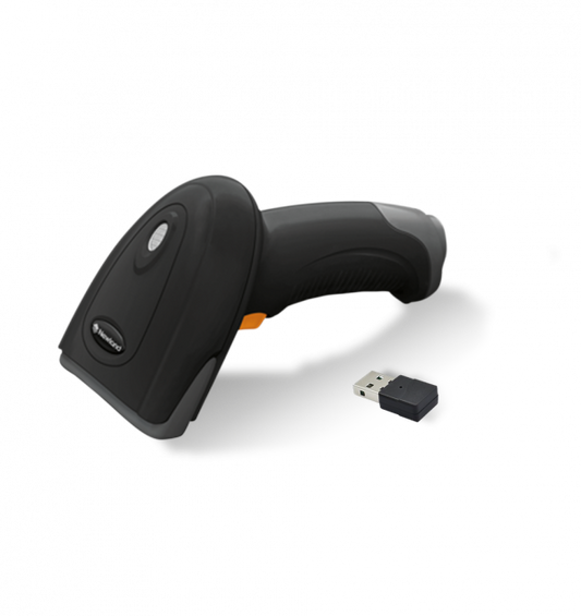 Black barcode scanner with USB receiver on a white background