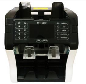 Hitachi ST-150N Series Cash Counting Machine, black and silver in color, with a digital display and keypad.