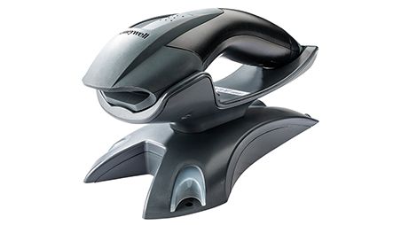 Honeywell 1200GHD Metrologic Barcode Scanner, a handheld device primarily in black color, displayed on a stand.