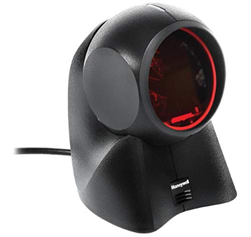 A Honeywell 7190G-2 hybrid presentation scanner, with a red scanning light, black in color, connected by a cable.