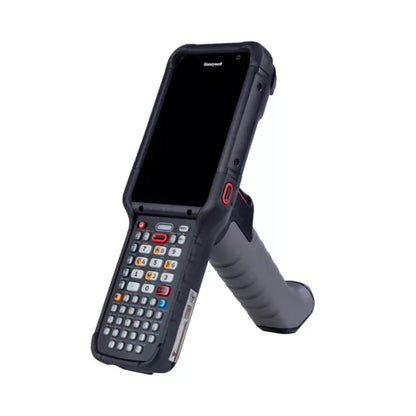 Handheld device with a screen and keypad on a white background