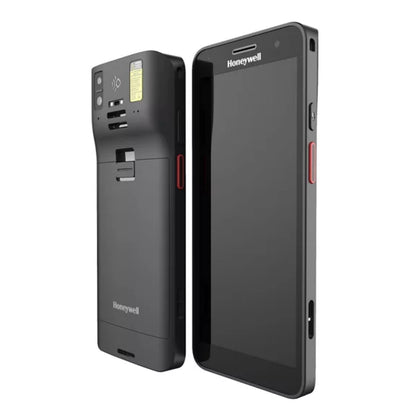 Two Honeywell devices, one black handheld device and one gray device with a camera, on a white background.
