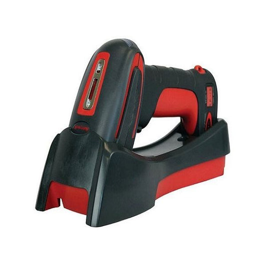 A Honeywell Granit 1911i Wireless Industrial Area Scanner in black and red color with a charging cradle.