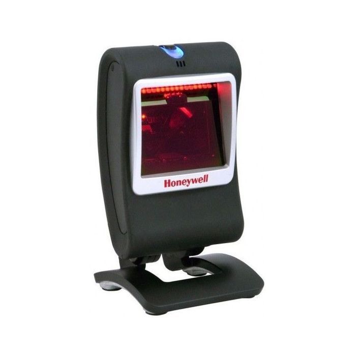 Honeywell MK7580 Genesis Barcode Scanner, black with a red scanning light, mounted on a stand.