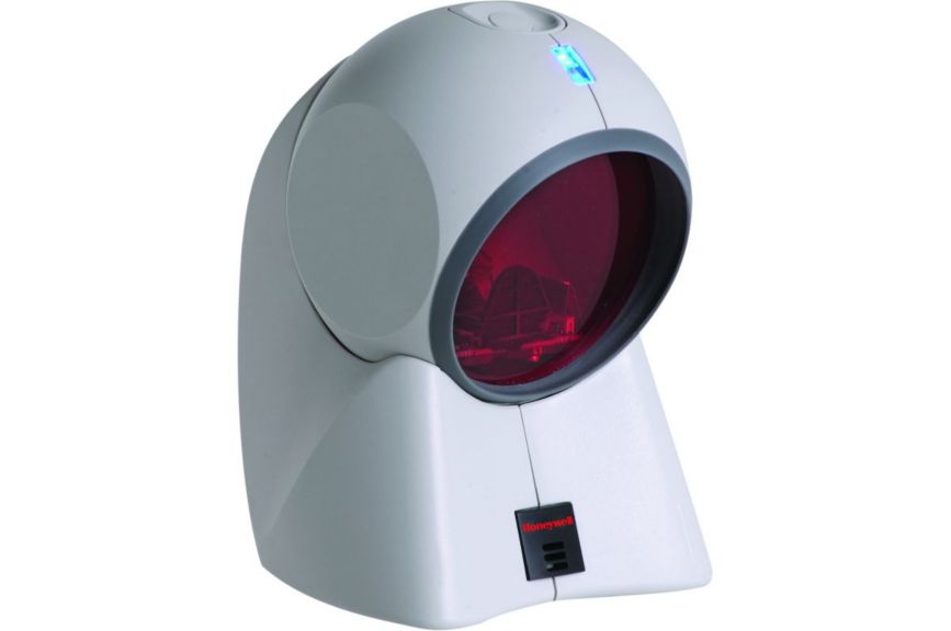 A gray Honeywell OrbitCG 7180 hands-free omnidirectional scanner with a red scanning light.