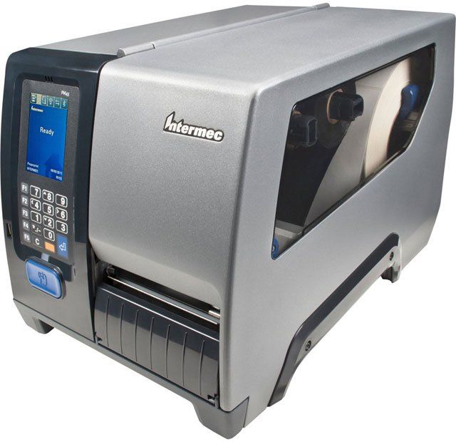 A gray Honeywell PM43 barcode label printer, showing the front panel and label exit slot.
