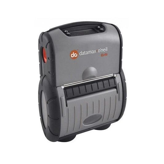 A portable Honeywell barcode printer with a gray casing and the 'datamax' brand logo on the top.