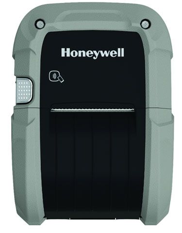 Honeywell RP2e portable barcode printer, predominantly black with gray accents, front view showing the printer's slot and control button.