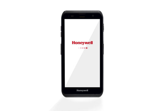 A black Honeywell handheld computer with a logo displayed on the screen, against a white background.