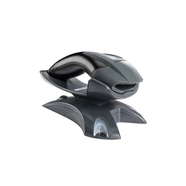 Honeywell Voyager 1202G Barcode Scanner with a black color scheme, including the scanner itself and its mounting stand.