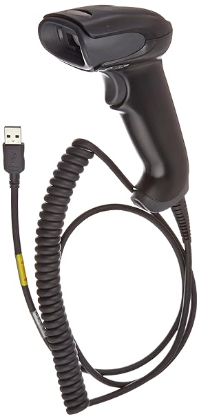 Honeywell Voyager 1250G Single-Line Hand-Held Laser Barcode Scanner with a coiled USB cable.