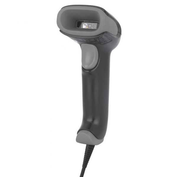Handheld black barcode scanner with a USB cable, part of the Honeywell Voyager Extreme Performance series