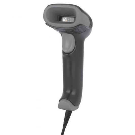 Handheld black barcode scanner with a USB cable, part of the Honeywell Voyager Extreme Performance series
