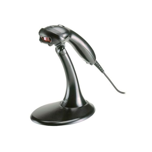 Honeywell Voyager MS9540 handheld barcode scanner with a stand, in black color.