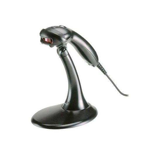 Honeywell Voyager MS9540 handheld barcode scanner with a stand, in black color.