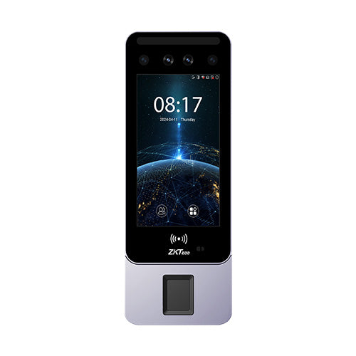 ZKTeco Horus E2 with a screen displaying time and date, and ZKTeco branding on a white background.