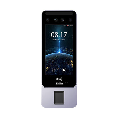 ZKTeco Horus E2 with a screen displaying time and date, and ZKTeco branding on a white background.