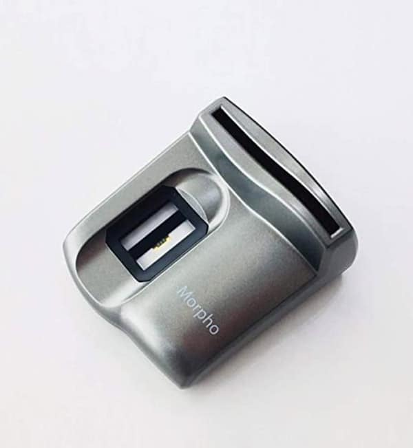 A gray IDEMIA (MORPHO) MSO 1350 fingerprint reader on a white background, featuring a rectangular design with a fingerprint sensor.