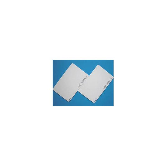 Two white proximity access cards placed on a blue surface.