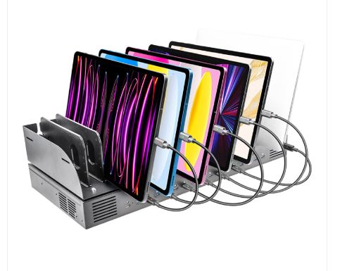 Multi-device charging station with four tablets on a white background