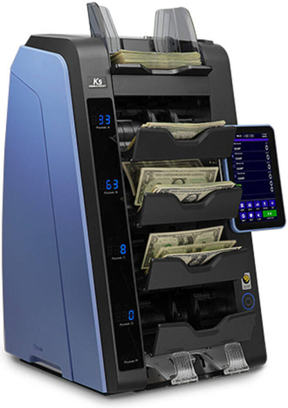 Money counting machine with multiple slots for currency, displaying digital readouts on a white background.