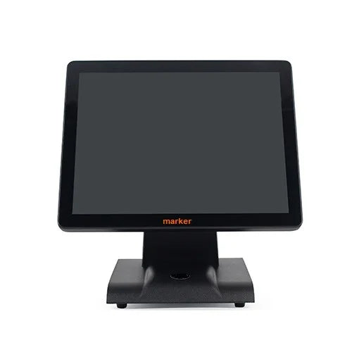 Black touchscreen monitor with 'marker' branding on a white background
