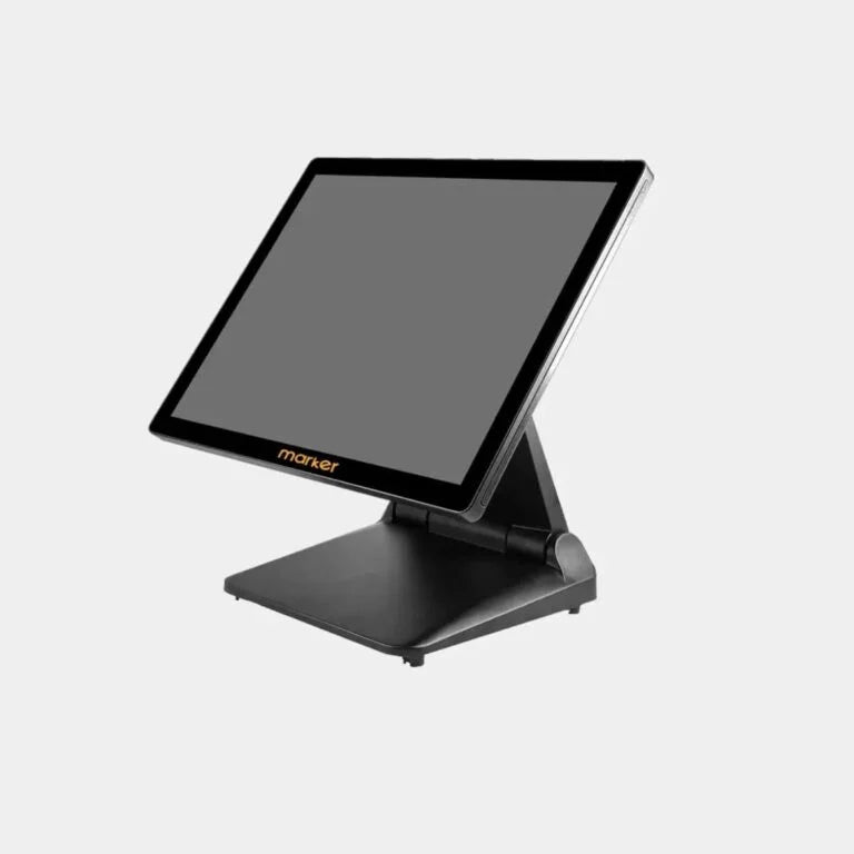 Touchscreen display with stand on a light gray background