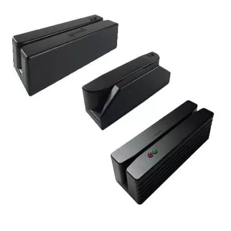 Three black electronic devices on a white background