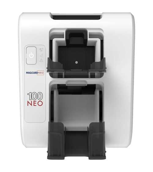 Magicard 100 Neo single side ID card printer showing the card feeder and the brand logo.