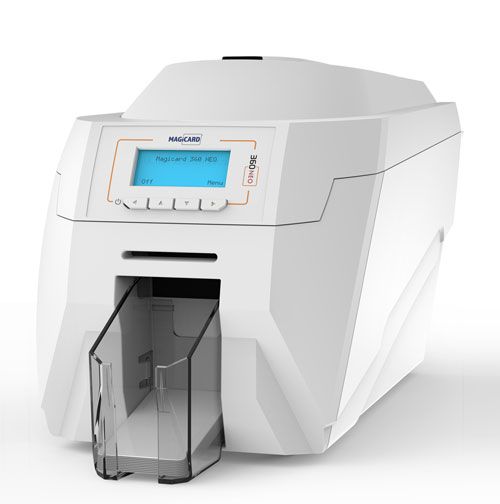 A Magicard 360 Neo double-sided ID card printer in white color with a digital display and card tray visible.
