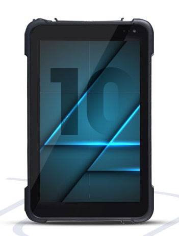 Tablet with a black protective case on a white background